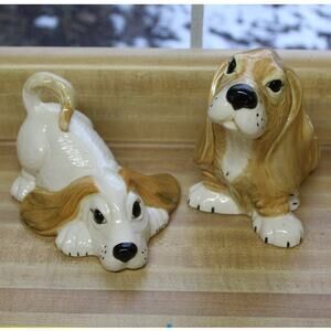 Pair of Vintage Porcelain Basset Hound Puppy Dog Sculptures.